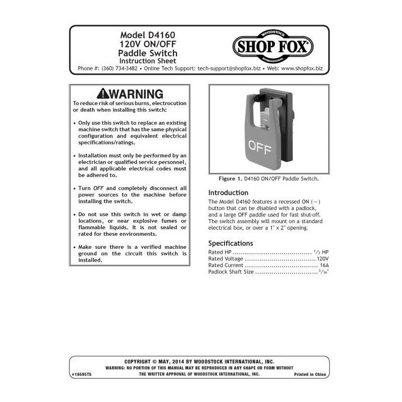 Shop Fox Safety Paddle ON/OFF Switch For 110V 16A Machines
