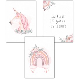 Lemmami Stationery Set of 3 Wall Pictures Children's Room Poster Baby Room Decoration Girls Boys Pictures DIN A4 Decoration Unicorn Rainbow Be Brave Be You (Set of 3 Pictures Set Pink, Pastel, Wall