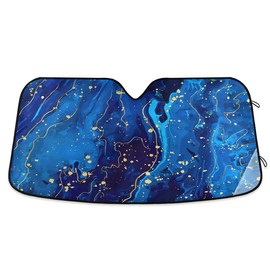 Blue Marble Gold Car Windshield Sunshades Golden Abstract Marbling Texture Sun Shade Reflective UV Rays Protector Keep Cool Visor Cover Foldable Retractable for Car Truck SUV