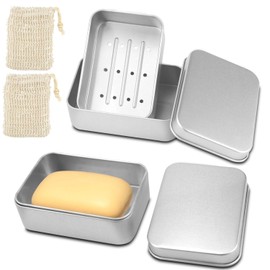 TUZHE Pack of 2 Soap Boxes Travel Waterproof Aluminium Premium Soap Dish with Drain Strainer and Sisal Soap Bag Soap Box for Home or Travel