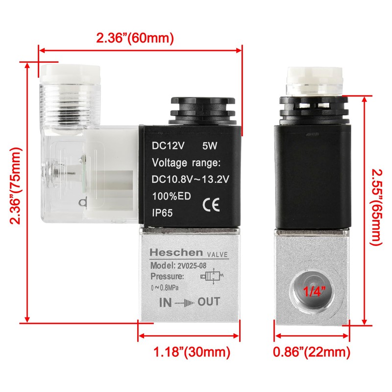 Heschen Electrical Pneumatic Solenoid Valve 2V025-08 12VDC PT1/4 2/2 Way