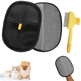 Pet Hair Removal Glove, Pet Flat Tooth Comb, Pet Grooming Glove and Undercoat Rake Deshedding Tool Set for Dogs Cats Hair Removal Brush Kit for Shedding Control, Clean up The Hair