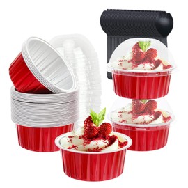 Red Cupcake Liners Muffin Tins 50 Pack,Free-Air 5oz Aluminum Foil Baking Cups with Lids,Disposable Ramekins Cupcake Pans,Jumbo Muffin Liners Cupcake Cups for Custard Mini Pie,with 50 Spoons-Red