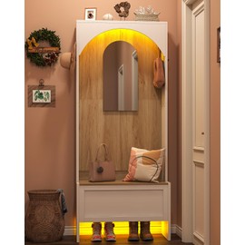 Saudism LED Arched Hall Tree with Bench and Storage, Entryway Bench with Coat Rack and Mirror, Mudroom Storage, Entryway Furniture, 4 Coat Hooks