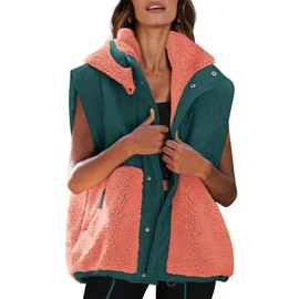 Nirovien Womens Oversized Quilted Vest Color Block Fleece Vest Button Down Padded Outwear Removeable Hooded with Pockets(Dark Green-Coral,M)