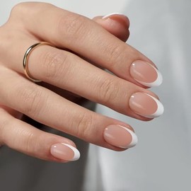 210 Uñas Postizas Francesas de Gel con Aspecto Natural, Cortas, Almendradas, Color Nude, Fáciles de Aplicar Y Duraderas. Set de Regalo para Manicura D