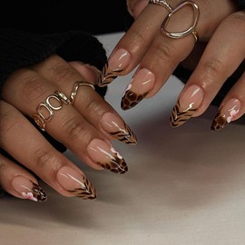 French Tip Press on Nails Medium Almond Fake Nails False Nails with Designs Flower Leopard Print Cheetah Print Nails Glossy Glue on Nails Stick on Nails for Women Girls 24 Pcs