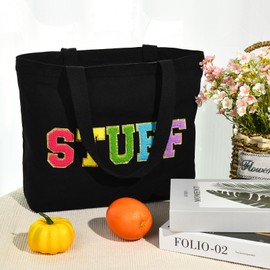 Aileam Preppy Tote Bag Stuff Bag Chenille Tote Bag Large Preppy Patch Black Tote Bag for Women Gift Reusable Foldable Grocery Shopping Shoulder Travel Bag