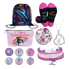 SportsLiking Gymnastics Stuff Gymnastic Accessories Stuff for Gymnastic Party Decoration Kit with Gymnastic Sock Makeup Bag Drawstring Bag Bracelet Necklace Sticker Button Pins