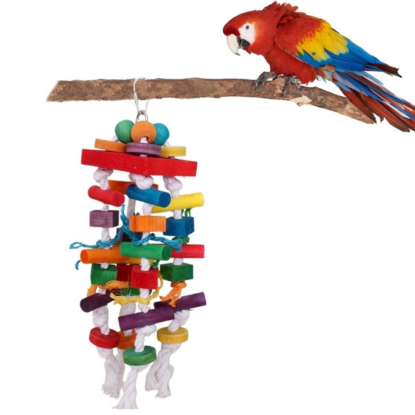 Bebochoi Parrot Toy Hanging Toy, Colourful Wooden Block Chewing Parrot