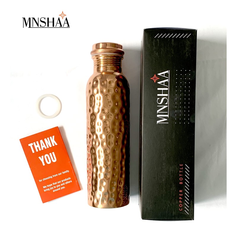 Mnshaa Pure Copper Hammered Water Bottle, Handmade Drinking Vessel Flask,