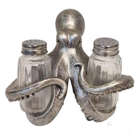 The Bridge Collection Octopus Salt and Pepper Shaker Holder Set - 3 Piece Set - Octopus Kitchen Items - Fun Salt and Pepper Shakers for Beach, Nautical, or Coastal Decor