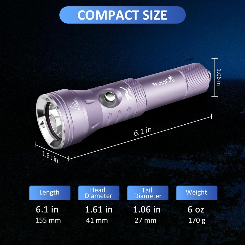 WINDFIRE Dive Light, High-Powered Rechargeable Scuba Flashlight with Power Indicator,