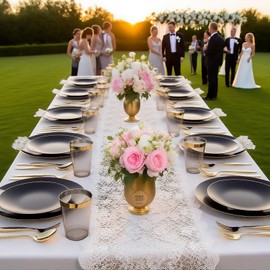 EI 350Pcs Black and Gold Matte Frosted Plastic Plates Disposable Heavy Duty,Dinnerware Set for Party Include 100 Disposable Plates,150 Silverware,50 Napkins,50 Cups for Party/Wedding/Birthday/Festival