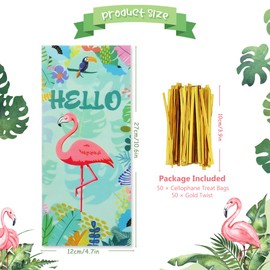 Boerni 50 Pieces Flamingo Candy Bag Palm Leaves Hibiscus Hawaiian Goodie Cellophane Treat Bags with 50 Gold Twist Ties for Hawaiian Tropical Luau Summer Party Favor Supplies