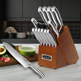 Kuisine Premium Knife Set,One Piece Molding High Carbon Stainless Steel Sharp Blade Ergonomic Non-slip Handle,Kitchen Block Knife Set Chef Knife Block Set with Built-in Sharpener(Acacia, 15PCS)