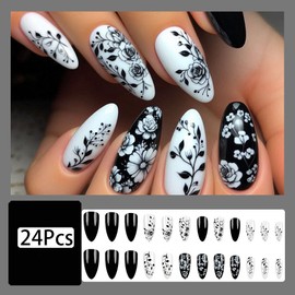 24Pcs Almond Press on Nails Medium Stiletto Acrylic Nails Black and White Flower Designs Fake Nails Spring False Nails Glue on Nails Glossy Artificial Reusable Stick on Nails for Women Girls