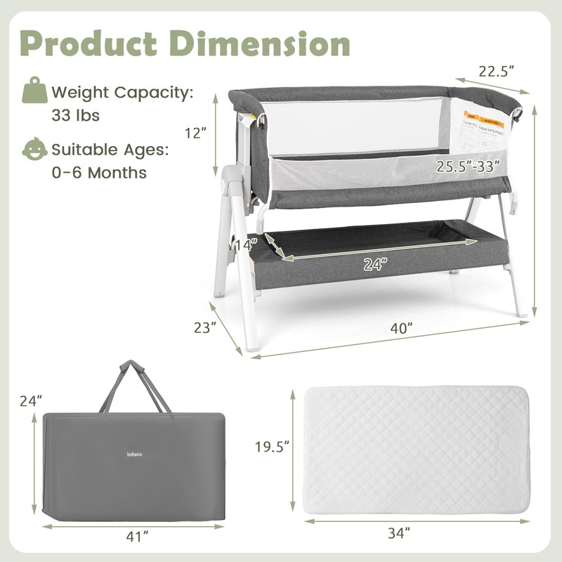 INFANS Baby Bassinet Bedside Crib, Newborn Sleeper w/Large Storage Basket,