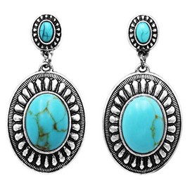 Rosemarie Collections Rodeo Western Statement - Aretes colgantes de gota de color turquesa, estilo doble concho, 1.75 pulgadas, Metal Piedra, Howlita teñida