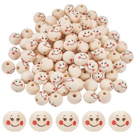 PH PandaHall 100pcs Painted Wooden Beads 20mm Smile Face Wood Beads, Round Spacer Beads Wooden Loose Beads Large Hole European Beads for DIY Crafts Bracelet Necklace Keychain Jewellery Making
