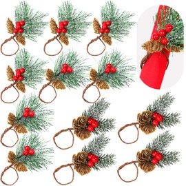 Acmee Christmas Napkin Rings - 12PCS Pine Needles Napkin Rings Holder with Red Berry Pine Cones Decor for Christmas Thanksgiving New Year Party Dinning Table