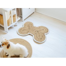 Heavenera Jute Cotton Pet Food Mat Dog Cat Mat Bone Shape Feeding Mat Eco-Friendly and Non-Toxic Easy to Clean Rug for Dog Bowl (Bordered Bone - NAT/White)