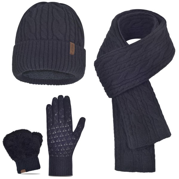 Beanie Hat Gloves Scarf Set for Men Winter Warm Knit Knitted Neck Warmer Touchscreen Glove Cap 3 in 1 Black Thermal Fleece Wool Lined for Cold Weather Snow
