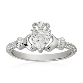 Heart Birthstone Claddagh Ring 925 Sterling Silver 6MM Heart Shaped White Crystal Rings Irish Jewelry Good Luck for Women Size 7