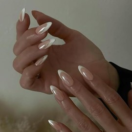 SXVME Uñas Francesas Con Punta Francesa Glaseada En Almendra, Uñas Francesas Cromadas Nude Para Mujer, Uñas Adhesivas Aurora De Longitud Media, Uñas A