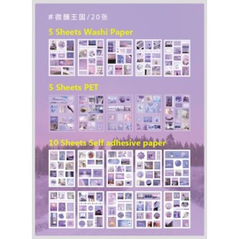 Aesthetic Stickers for Journaling,20 Sheets Deco Stickers Small Cute Washi Paper Junk Journal Supplies Kit Scrap Book Journals Letter Stickers for Art Journaling Collage Craft Notebooks Album Crafter Gifts(Purple Kingdom)