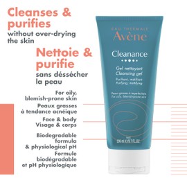 Eau Thermal Avene Cleanance Cleansing Gel for Face and Body, natural cleanser for acne-prone skin, biodegradable, bottle, 200 ml