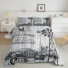 Homewish Farmhouse Windmill Comforter Set Queen Size,Rustic Farm Wooden Barn Door Tractor Bedding Set for Women Adult,Chicken Milk Cow Animals Hand Sketch Luxury Bed Duvet Insert, 2 Pillowcases