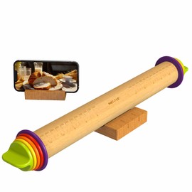Mepple Rolling Pin with Thickness Rings for Fondant, Pizza, Pie Crust, Cookie, Pastry, Roller Rod for Dough Thickness, Rolling Pin for Baking, Rolling Pin 13.6" with 4 Thickness Rings and Wooden Stand