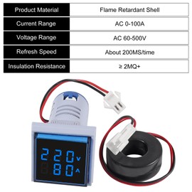 Aitiao 2PCS 60-500V 0-100A AC Digital Ammeter Voltmeter, 22mm Square Digital Tube Screen with Transformer, LED Display Voltage Detector Current Tester Gauge(Blue)