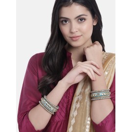 Aheli Blue White Silk Thread Fabric Stone Studded Kundan Chura Chuda Bangle Set Gift for Women Size 2.6"