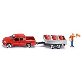 siku 3543, VW Amarok Pick-Up with Tipping Trailer, 1:55, Metal/Plastic, Red, Incl. toy figure and 5 traffic barriers