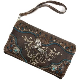 Zelris Western Rearing Horse Embroidered PU Vegan Leather Crossbody Wallet (Brown)