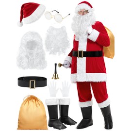 FancyFun Santa Claus Costume for Men, 12 Pieces Christmas Santa Suit Adult Men Outfit Suits Cosplay Velvet Coat Set A Large