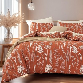 JANZAA Full Comforter Set Terracotta Comforter Floral Bedding Sets 3 Pieces Flowers Bed Comforter 1 Soft Reversible Cute Botanical with 2 Pillow Shams