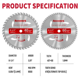 Revvstark Circular Saw Blade 8-1/4 in 40T&60T, with 5/8" Arbor, Carbide Tipped Teeth, TCT Saw Blades for Cutting Various Wood, Plastic and Composite Materials, Fit Dewalt Craftsman Ryobi Milwaukee