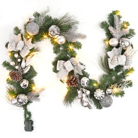 Adeeing 6FT Christmas Garland with Lights, Xmas Battery Operated Artificial Rattan with Classic Silver Decorations, Xmas Garland for Home Indoor Fireplace Mantle Outdoor Decor, Silver