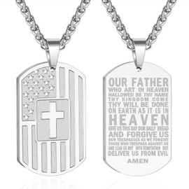 DuoDiner Dog Tag Necklace for Men Boys, Stainless Steel Pendant Chain American Flag Cross Baptism Religious Christian First Communion Confirmation Jewelry Gifts Lord's Prayer Silver