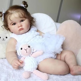 TERABITHIA 24 Inches Realistic Reborn Baby Doll with Blue Eyes & Curly Rooted Hair Lifelike Cloth Body Newborn Toddler Girl Dolls White Lace Outfit & Accessories Gift Set