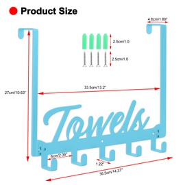 Azmoncy Over The Door Hooks, Towel Rack for Bathroom Over Door Towel Hanger, Towel Holder for Hanging Heavy Duty with 5 Coat Hooks for Pool Bedroom Bathroom Kitchen Towels, Bags(Blue)