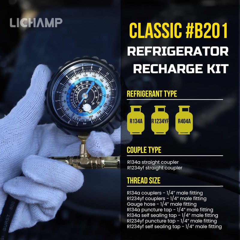 Lichamp R1234yf Refrigerant Recharge Kit, AC R134a 1234yf Gauge Set