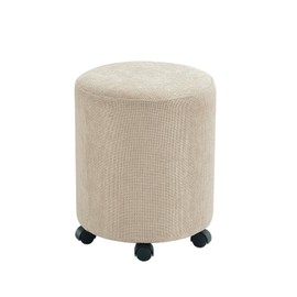 Get Set Style Ottoman with Wheels, Rolling Vanity Stool for Makeup, Upholstered Vanity Rolling Chair Footrest Round Ottoman Foot Stool for Living Room, Bedroom Creamy