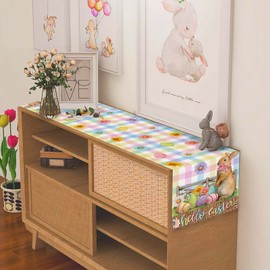 Linen Easter Table Runner Bunny Egg Rabbit Decoration Decor Buffalo Plaid Easter Tablecloth Farmhouse Holiday Decor Hello Easter Season Decorative Holiday Spring Table Runner 13x72 Inch