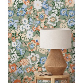 Coloritto Colorful Retro Floral Wallpaper | Removable Self Adhesive Botanical Wallpaper | Floral Peel and Stick Wallpaper (Sample 12" W x 8" H)