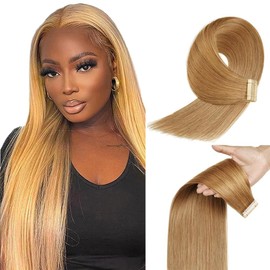 Color #27 Tape In Hair Extensions Human Hair Invisible Honey Blonde Straight Hair Extensions 14 Inch HuxoWax Double Weft Hair Weave