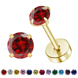 VDKIDKT Flat Back Birthstone Stud Earrings for Women Girls, 3mm Tiny CZ Flat Back Stud Earrings, Screw Back Tiny Earrings Studs, Cartilage/Tragus/Second Hole Earrings (Gold, 1.Jan-Garnet)
